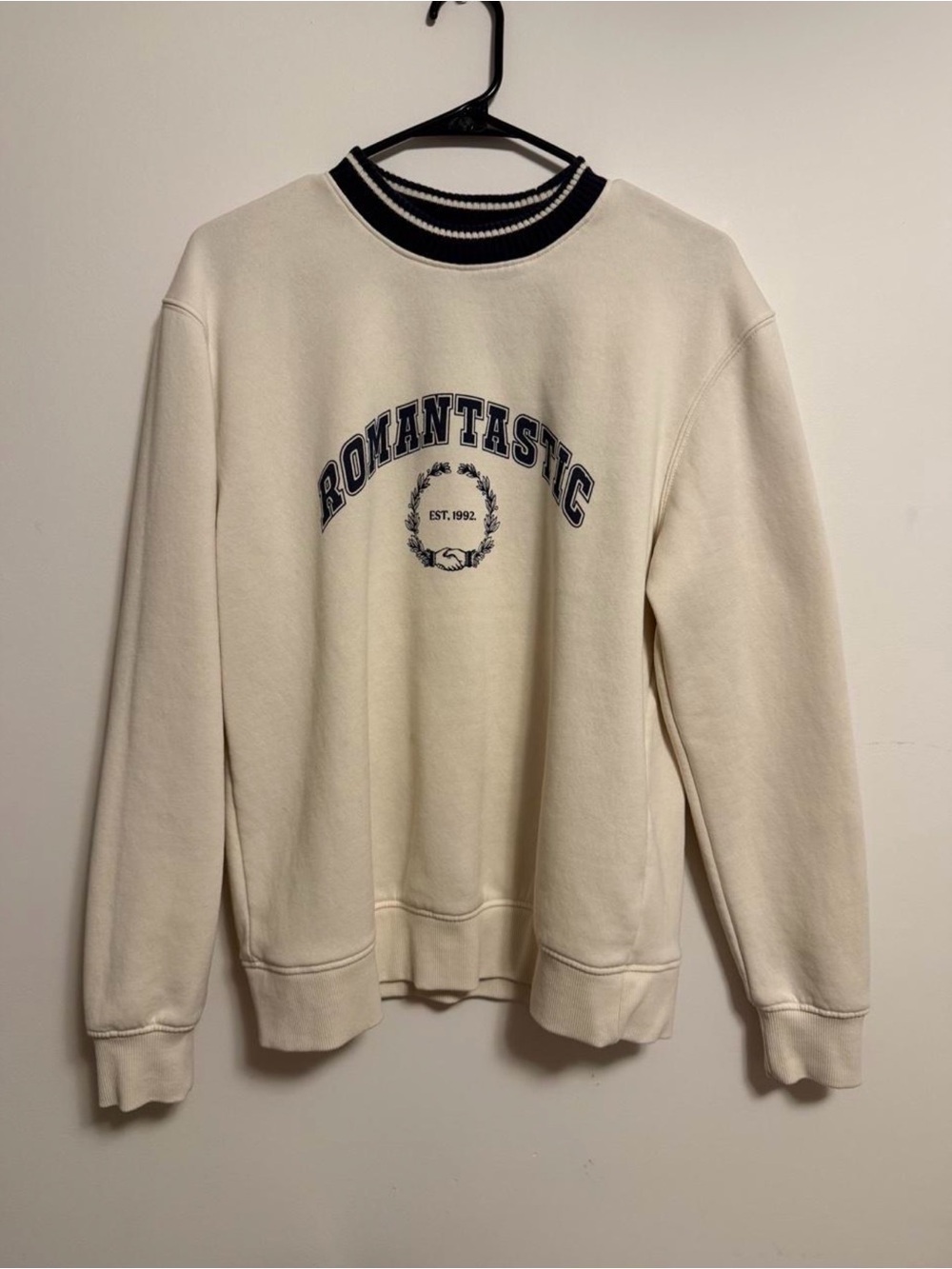 Romantastic Cream Crewneck Sweater with Navy Trim